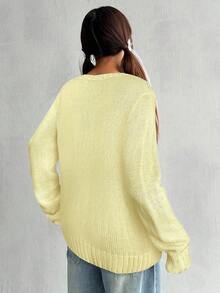 SHEIN EZwear 女士休闲国旗图案针织套头衫（米黄色），秋冬季国旗服饰，短款毛衣，美国国旗上衣，7月4日露脐上衣 - 淡黃色 - 查看 2