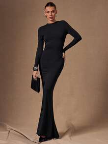 SHEIN BAE 黑色长袖露背性感镂空系带优雅美人鱼长裙，适合鸡尾酒会、浪漫约会、聚会、正式活动、伴娘礼服、夜生活、万圣节、圣诞节等场合，酒红色迷你裙，露背连衣裙，黑色迷你裙 - 黑色 - 查看 2