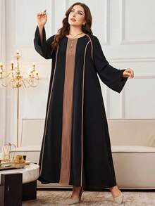 Al Najma Women's Round Neck Long Sleeve Trim Contrast Color Pleated Patchwork Casual Comfortable Plus Size Arabic Dress/Tunic Kaftan Jalabiya Dress - Multicolor - View 6