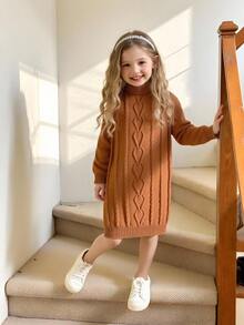 Girls' Fashion Turtleneck Twist Rope Long Sleeve Sweater Dress,Kids Brown Apricot Tan Autumn Dress,Back To School Outing Party Fashionable Knitwear - Brown - View 7