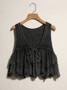 Easelle Camiseta de tirantes con decoración de cuentas y cordones, de moda para mujer, para el verano - Negro - Ver 8