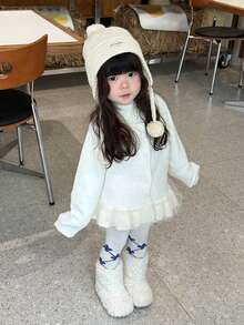 DAZY Baby Girls' Round Neck Ruffle Mesh Patchwork Long Sleeve Cardigan With Letter Embroidery, Autumn/Winter - White - View 5