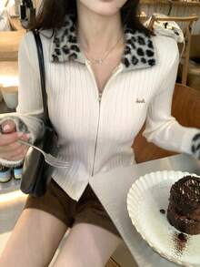 DAZY Áo khoác cardigan dài tay họa tiết da báo màu tương phản dành cho nữ, phong cách Hàn Quốc, xuân/thu - Màu be - Xem 3