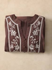 Elaquor Plus Size Women Floral Embroidery Notch Neck Long Sleeve Casual Blouse For Women Boho Chocolate Brown Top Modest Blouse Spring Women