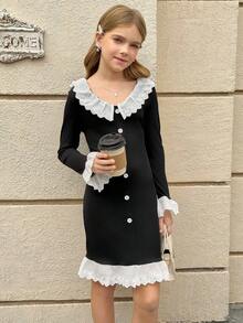 1 Pieza Vestido de manga larga de punto de grosor medio con cuello y puños de volantes con encaje, estilo vintage y lindo, perfecto para fines de semana, salidas casuales y ocasiones de primavera con comodidad y encanto estético, para niña preadolescente con estilo moderno - Negro - Ver 3