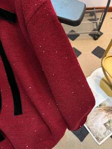 Franclia 优雅法式复古休闲日常百搭可爱浪漫蝴蝶结亮片网眼长袖度假感红色长袖女毛衣 - 酒紅色 - 查看 5