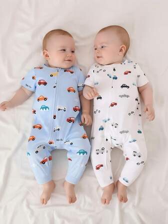 2pcs Newborn Baby Boy Car Print Romper With Long Sleeve & Long Pants, Navy Blue And Coffee Color