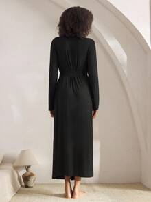 Ocili 舒适顺滑睡袍，加长款女士睡袍，时尚秋季睡袍，舒适长袖黑色睡袍，秋冬必备