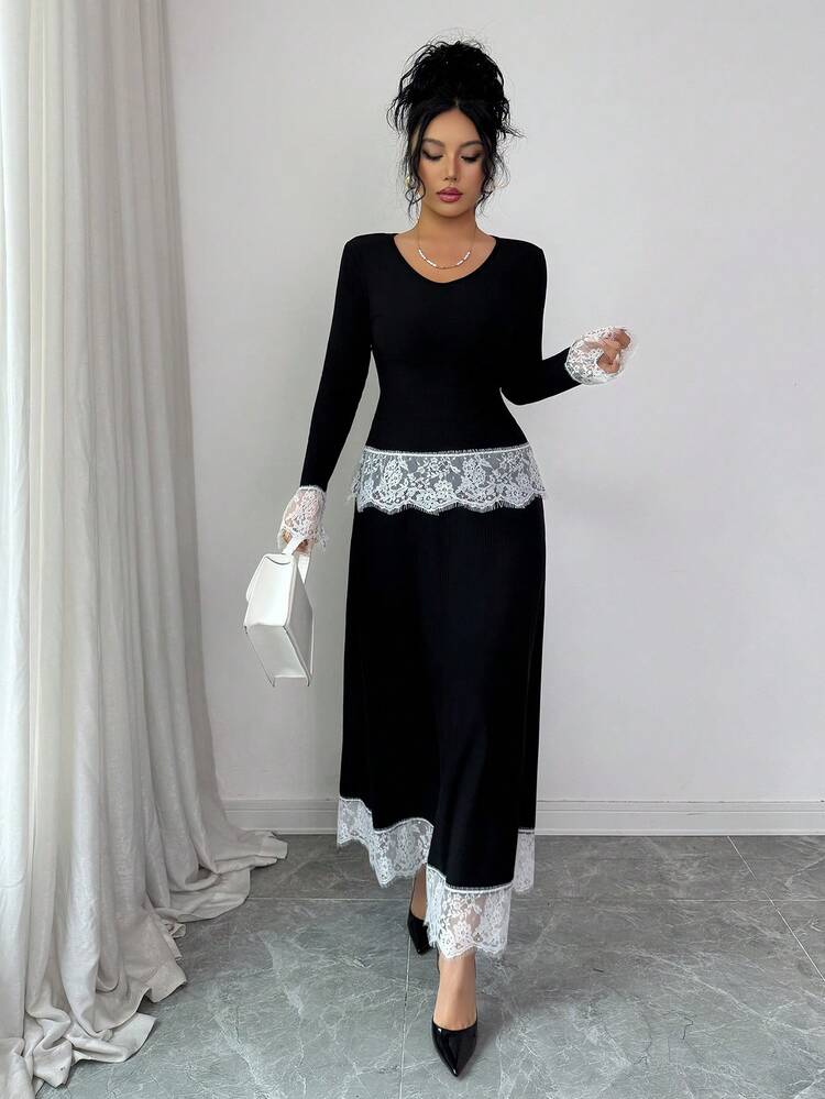 Elenzga طقم قطعتين للنساء يتكون من ملابس علوية بأكمام طويلة مطرزة بالدانتيل والزهور وتناسب الجسم، وتنورة فضفاضة على الخصر بقصة A - الأسود - مشاهدة 3