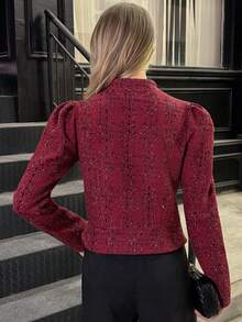 Elyressa 女士秋冬派对优雅酒红色泡泡袖单排扣外套 - 酒紅色 - 查看 2