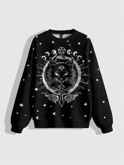 Goth Sudadera de cuello redondo de manga larga con estampado de gato, luna y estrella gótico misterioso para mujer, adecuada para otoño, invierno y primavera