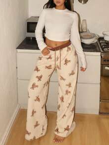 Lowkey Lull Coral Fleece Double-Sided Jacquard Striped Bear Jacquard Plush Lounge Pants, Comfortable Casual Sleepwear Bottoms For Women , Fluffy Cozy Winter - Khaki - View 4