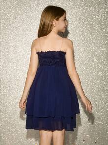 Váy voan xếp tầng không tay nhún eo bằng vải satin thanh lịch cho bé gái tuổi teen, màu xanh navy - Màu xanh hải quân - Xem 2