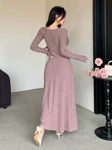 DAZY 女式优雅纯色V领扭纹中长连衣裙，秋季 - 粉色 - 查看 2