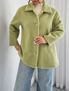 Elenzga Plus Size Solid Color Front Button Long Sleeve Casual Sherpa Collar Jacket Fall Winter Cloth For Women - Green - View 6