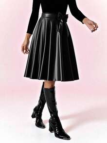 Teen GirlElegant Minimalist Retro Flared PU Leather Skirt