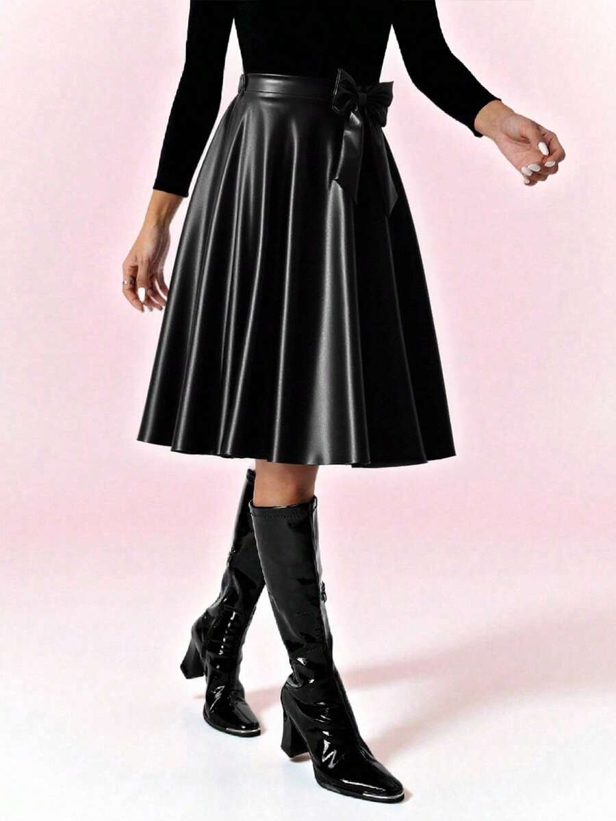 Teen GirlElegant Minimalist Retro Flared PU Leather Skirt