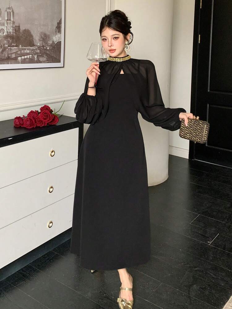 Women's Elegant 2 Pieces Set: Beaded Collar Mesh Blouse And Long Slip Dress