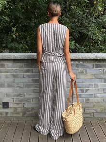 DAZY Women's Summer Striped V-Neck Sleeveless Cardigan And Straight Leg Pants 2 Pieces Casual Set