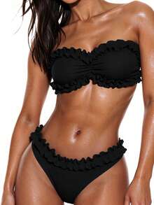 SHEIN Swim Ladies' Bandeau Bikini With Frill Trim, Summer Beach - Black - View 1