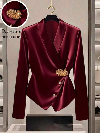 GlowEve Women's Solid Color Minimalist Everyday Gold Decor Button Long Sleeve Shirt