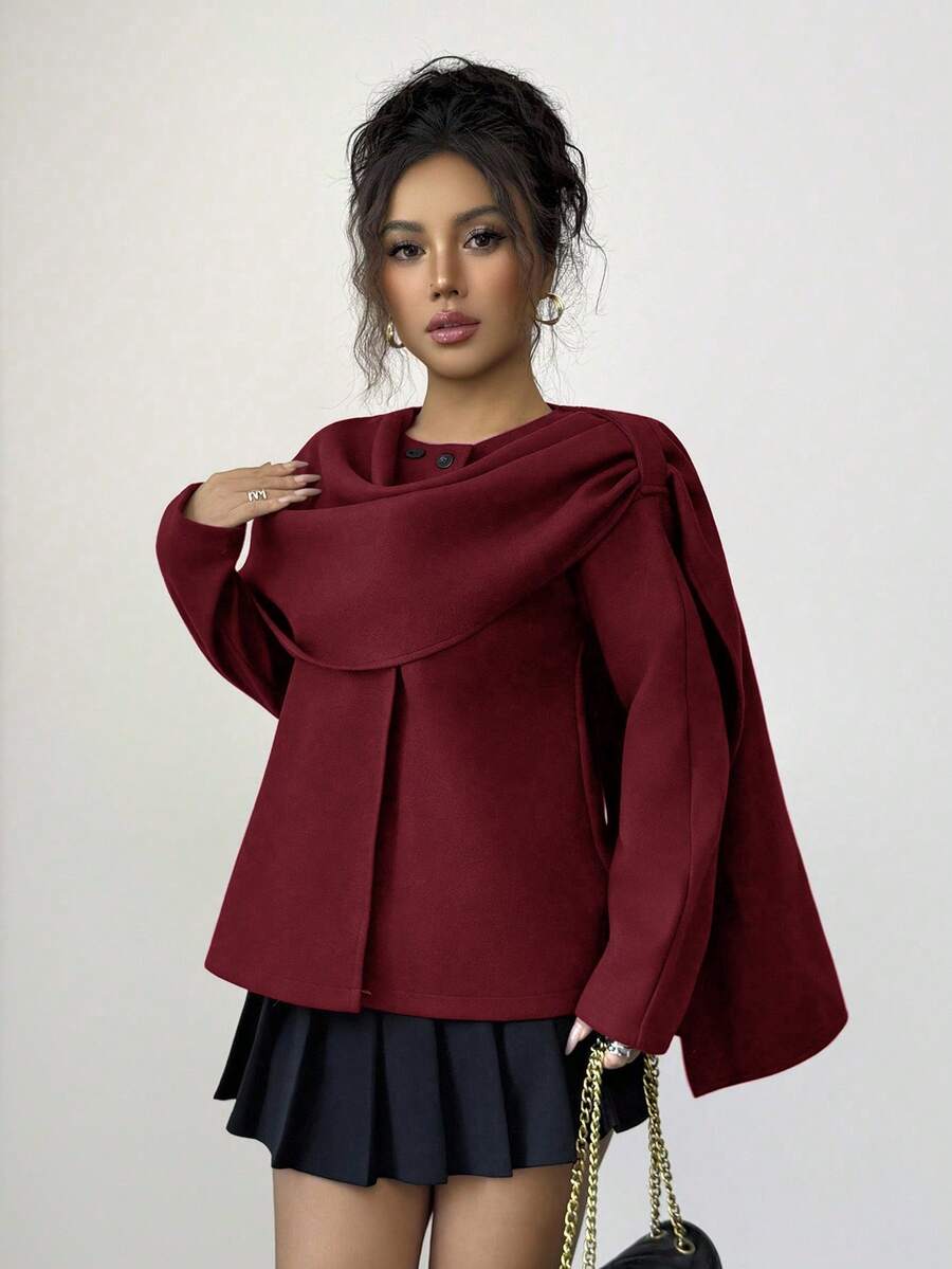 SHEIN Elenzya 秋冬复古巧克力色披肩领外套 - 紅色 - 查看 1