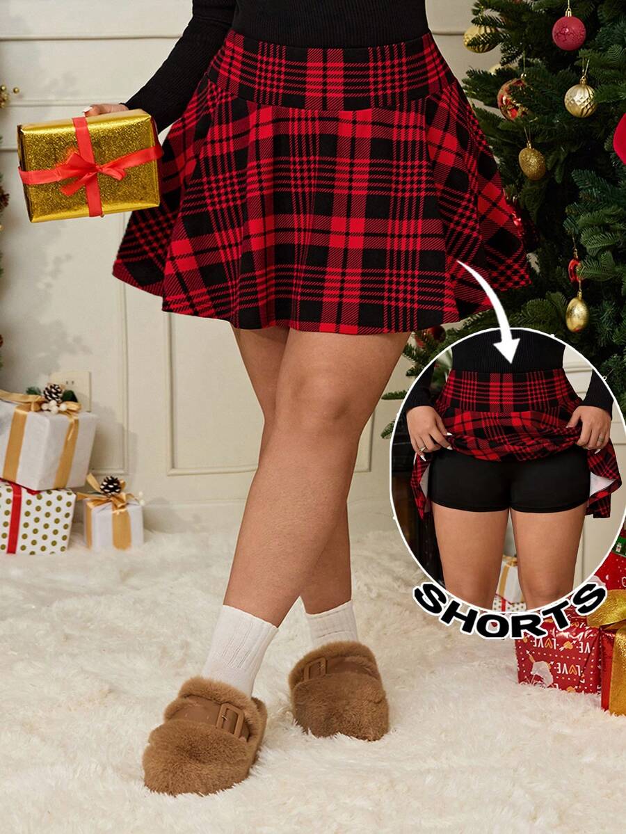 Solflare Váy ngắn thường ngày cạp cao kẻ caro cỡ lớn cho nữ, mùa thu/đông - Đỏ - Xem 1