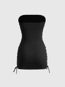 ROMWE Avant Y2K Retro Babe Skeleton Heart Flame Text Print Cropped Bodycon Mini Dress - Black - View 2