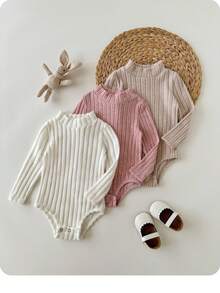 3pcs Baby Girl Cute Solid Color Long Sleeve Bodysuit, Autumn/Winter - Multicolor - View 6