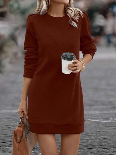 SHEIN LUNE 纯色泡泡袖卫衣连衣裙，适合新年穿着