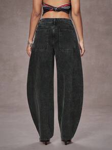 Jeanoix 女士Y2K低腰街头风破洞拼接阔腿牛仔裤 - 黑色 - 查看 2