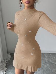SHEIN Elenzya 秋冬新款针织镶钻立领长袖修身优雅荷叶边下摆女式毛衣连衣裙 - 卡其色 - 查看 6