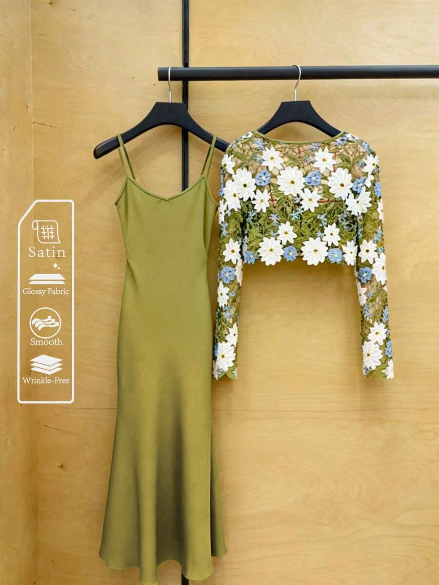 Arave 女款優雅綠色花卉緞面兩件套,刺繡蕾絲上衣 & 魚尾長洋裝,夏季度假穿搭,婚禮賓客派對禮服 - 綠色 - 查看 1