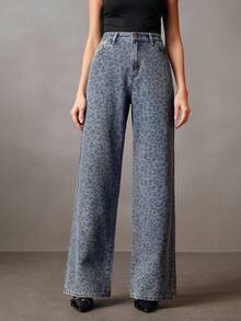 Anewsta 女士豹纹口袋阔腿宽松休闲牛仔裤 - 彩色 - 查看 4