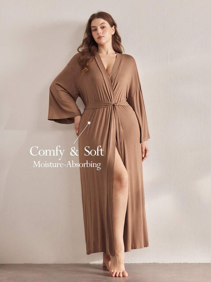 Ocili Leisure Soft & Simple Long Sleeve Plus Size Robe, Chic Autumn Easy Comfort Autumn Slumber, Cozy Outfit, Fall & Winter - Brown - View 1