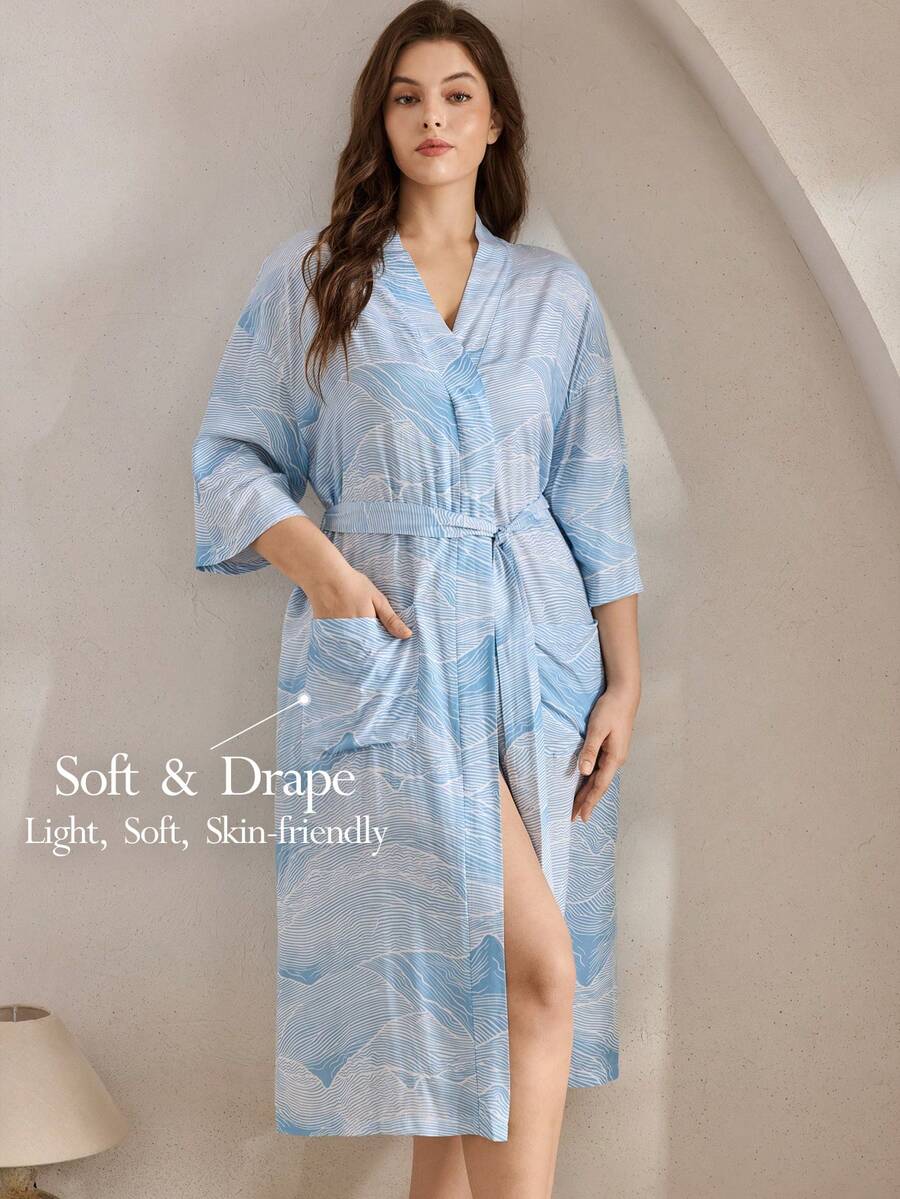 Ocili 加大码舒适休闲柔软中国风山水波浪图案长袍，冬季 - 藍色 - 查看 1