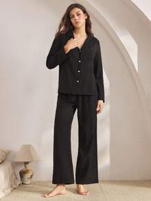 Ocili 100%纯棉天然舒适无弹提花梭织女士睡衣套装，长袖上衣和长裤，冬季服装 - 黑色 - 查看 6