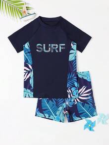 Plus Size Boys' Swimsuit, Top With Placement Print, Bottom With Random Print
