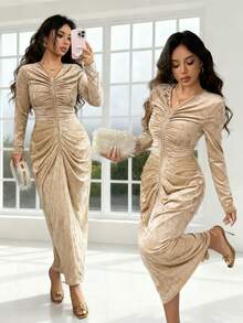 SHEIN Elenzya Đầm dài tay cổ chữ V thanh lịch dành cho nữ với họa tiết khóa kéo nhún bèo bất đối xứng, thiết kế cao cấp, xẻ tà trước sau, tinh tế và duyên dáng, thích hợp cho sinh nhật, hẹn hò, tiệc tùng, dạ tiệc, lễ hội âm nhạc, tiệc chiêu đãi - Màu Khaki - Xem 6