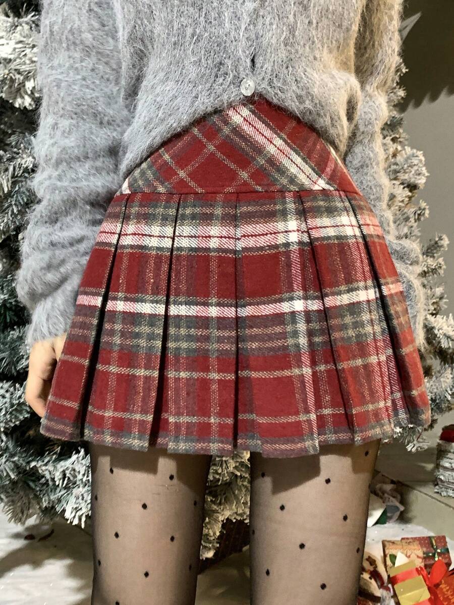 DAZY 女士休闲格子百褶A字裙，优雅风格冬季女裙 - 紅色 - 查看 1