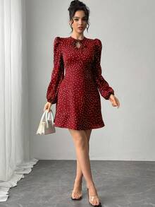Chiquease Women's Elegant Fitted Waist Polka Dot Print Bowknot Long Sleeve Dress, Spring/Autumn - Burgundy - View 5