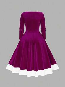 EMERY ROSE Váy nhung dài tay chữ A cỡ lớn cho nữ, thắt eo, thời trang cho tiệc Giáng sinh, lễ kỷ niệm - Màu Hồng Tươi - Xem 2