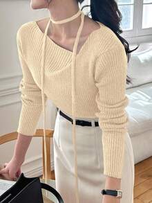 DAZY Women's Oblique Shoulder Scoop Neck Fitted Long Sleeve Soft Sweater - Apricot - View 2