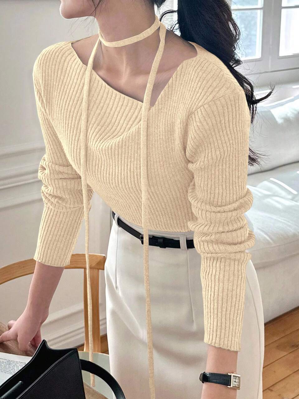 Women's Oblique Shoulder Scoop Neck Fitted Long Sleeve Soft Sweater School