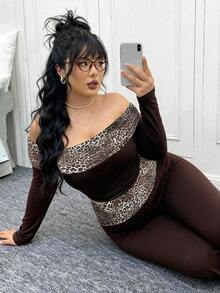 CovetEZ Plus Size Autumn Leopard Print Off-Shoulder Fitted Top And Flare Pants 2 Pieces Set,Women Night Out Club Outfit,Brown Classy Curve Bodysuit Set - Brown - View 1