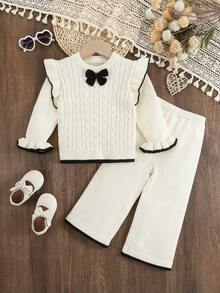 SHEIN Young Girls White Autumn Party Knit Sweater Co-Ords,1pc Crew Neck Long Sleeve Frill Trim Twist Rope Design Top & 1pc Wide Leg Pants,Fashionable Suit - Apricot - View 1