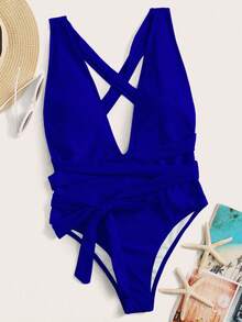 Swim Vcay Summer Beach Crisscross Knot Front One Piece Swimsuit - Blue - View 3