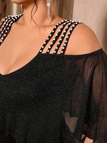 Cravure Đầm trễ vai đính ngọc trai cỡ lớn cho nữ, thanh lịch, giản dị cho tiệc tùng, nghỉ dưỡng, lãng mạn - màu đen - Xem 3