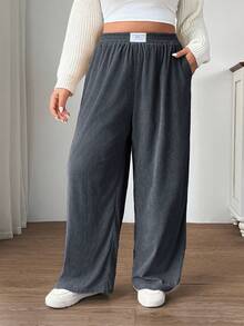 SHEIN EZwear Plus Size Women's High Waist Loose Fit Wide Leg Pants, Rose Red Corduroy Fabric With Pockets And Patch Design, Suitable For Campus, Daily Wear, And Indoor Work, Autumn/Winter Comfy Pants Gray Pants Corduroy Pants - Dark Grey - View 3