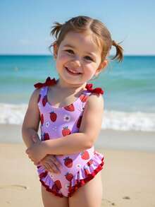 女婴沙滩装樱桃印花针织面料肩部蝴蝶结荷叶边连体泳衣，时尚休闲优雅，适合游泳、度假、夏季穿着 - 彩色 - 查看 4